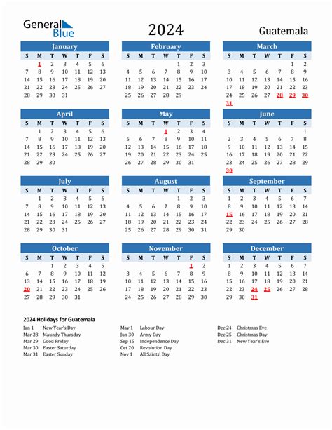 2024 Printable Calendar With Guatemala Holidays