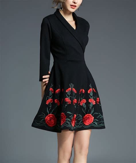 Coeur De Vague Black And Red Floral A Line Surplice Dress Surplice