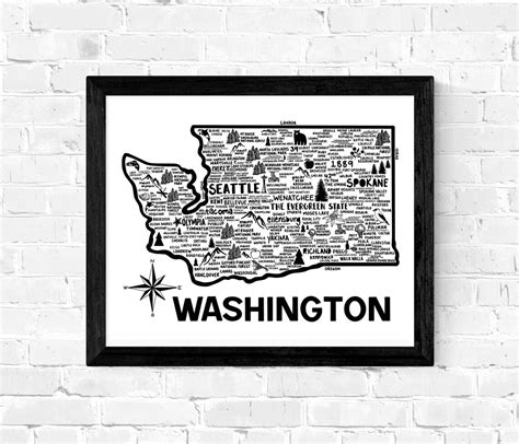 Washington Map Print Wall Art Etsy