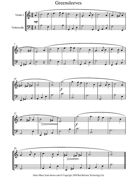 Greensleeves is a traditional english folk song. Greensleeves Sheet music for Violin-Cello Duet - 8notes.com