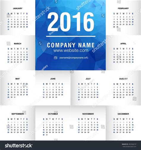 Calendar 2016 Vector Design Template Polygonal Blue Card And Place For