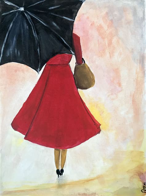 Acrylic Painting Of A Girl Walking Alone In A Red Dress With Black