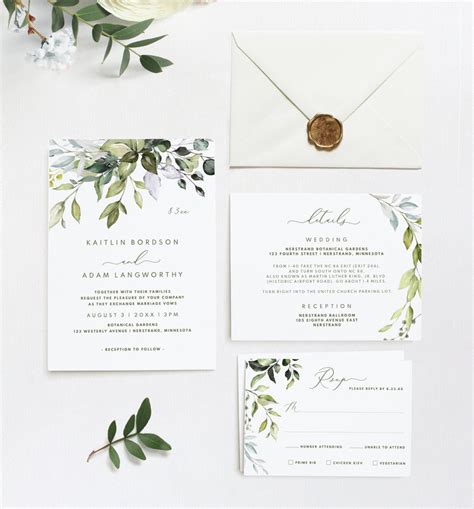 Greenery Wedding Invitation Template Suite Set 5 X 7 Botanical Bli