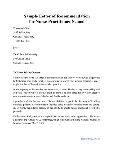 Sample Letter Of Recommendation For Nurse Practitioner School Download