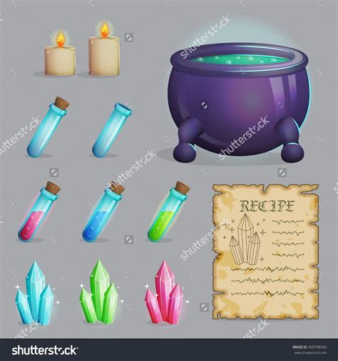 Collection of items to brew a magic potion. Witch accessories for