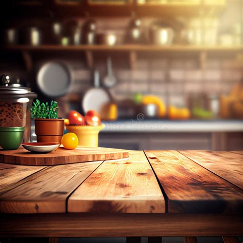 Wood Table Top On Blur Kitchen Created With Generative Ai Stock