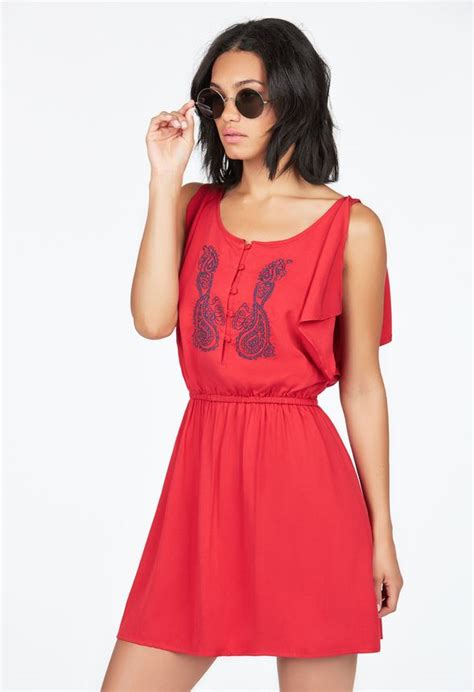 Embroidered Flutter Sleeve Dress in CHILI - Get great deals at JustFab