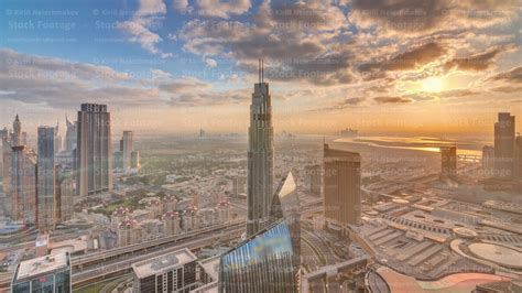 Amazing Sunrise Aerial View Of Dubai Downtown Skyscrapers Morning