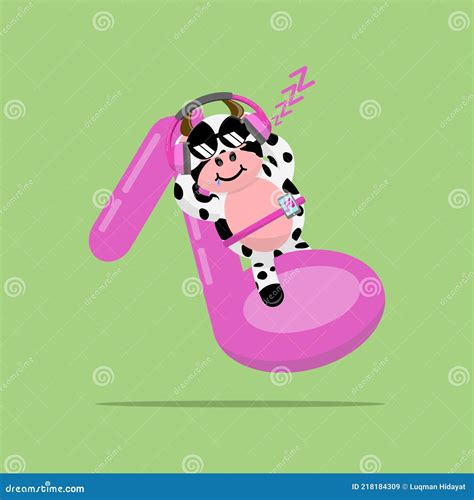 Illustration Vector Graphic Cartoon Of Cute Cow Sleeps While Listening