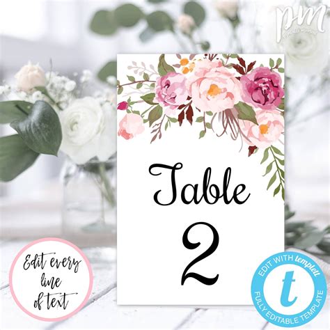 Pink Floral Wedding Table Number Template 4x6 Printable Table Etsy