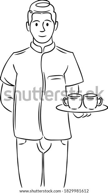 Young Boy Male Waiter Tray Drinks Stock Vector Royalty Free