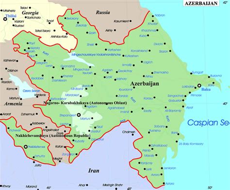 Limita al este con el mar caspio, al norte con rusia, al noroeste con georgia, al oeste con armenia y al sur con irán. Azerbaijan