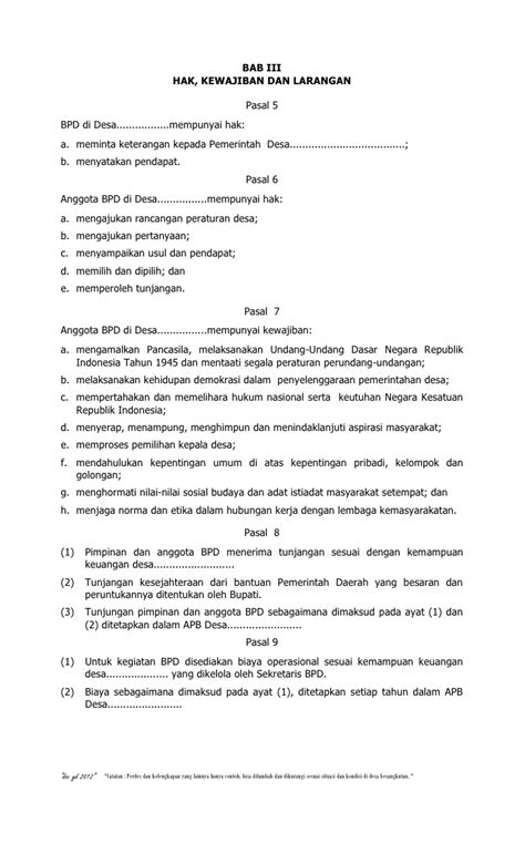 Memberikan keterangan tujuan dari pemberian sp tersebut. Contoh Peraturan Desa tentang BPD