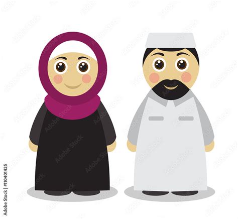 Cute Cartoon Muslim Man And Woman In Traditional Islamic Clothing On A