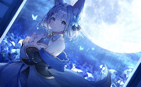 Anime Anime Girls Dress Blue Eyes Flower In Hair Rain Moon Fantasy Art