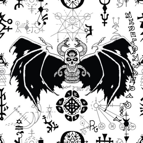 Premium Vector Seamless Pattern With Demon And Mysterious Symbols Of
