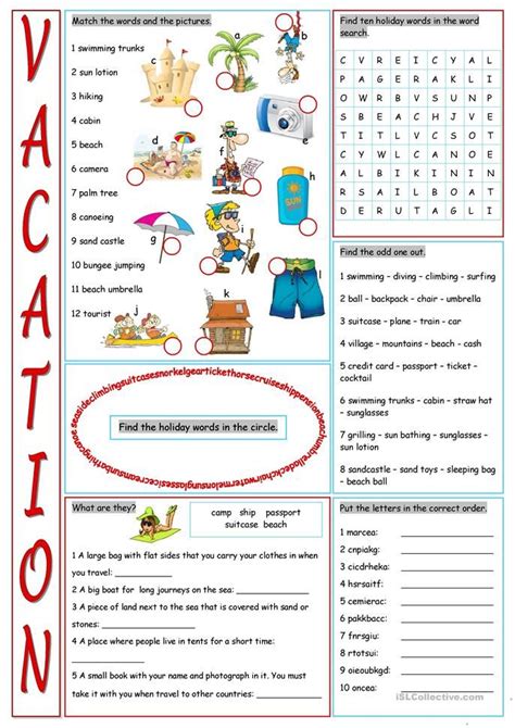 Vacation Vocabulary Exercises Vocabulary Exercises English Travel
