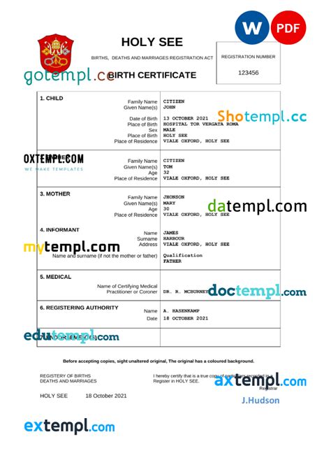 Holy See Vital Record Birth Certificate Word And Pdf Template Completely Editable Gotempl
