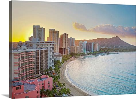 Waikiki Beach And Diamond Head Crater At Sunrise In