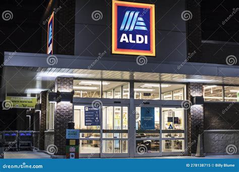 Aldi Grocery Store Supermarket At Night Entrance And Sign Editorial