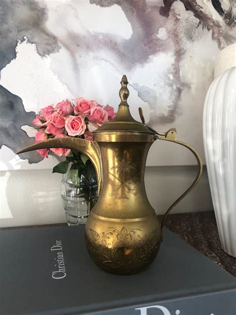 Large Vintage Brass Dallah Arabic Coffee Pot With Etched Etsy
