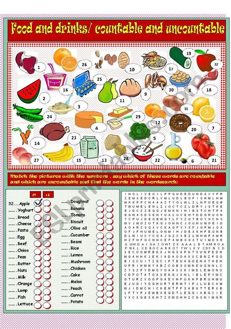 Food And Drinks Countable And Uncountable Nouns Esl Worksheet By