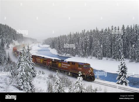 Canadian Pacific Train At Morants Curve Along The Bow River Banff