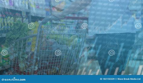 Caucasian Woman Doing Errands In A Store Shelf Over Statistics In A