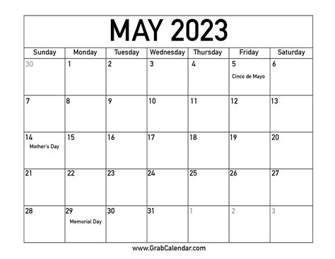 May 2023 Calendar With Holidays Printable Get Calender 2023 Update