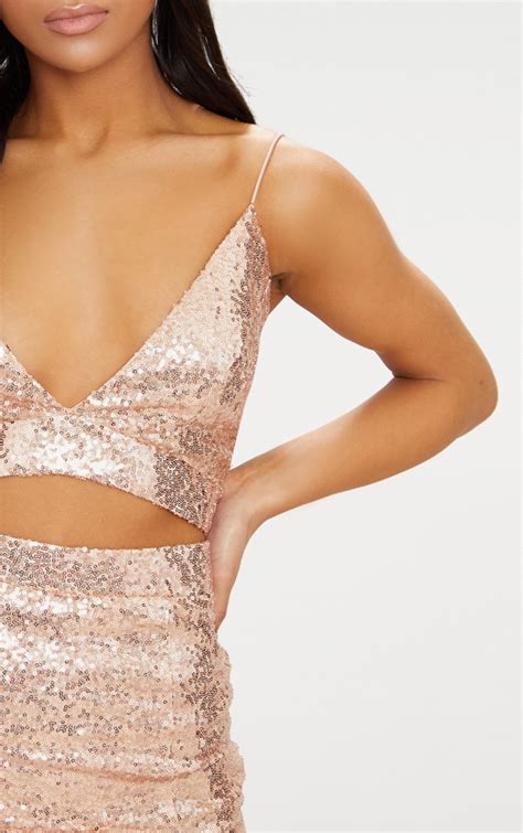 Rose Gold Strappy Plunge Extreme Split Sequin Bodycon Dress