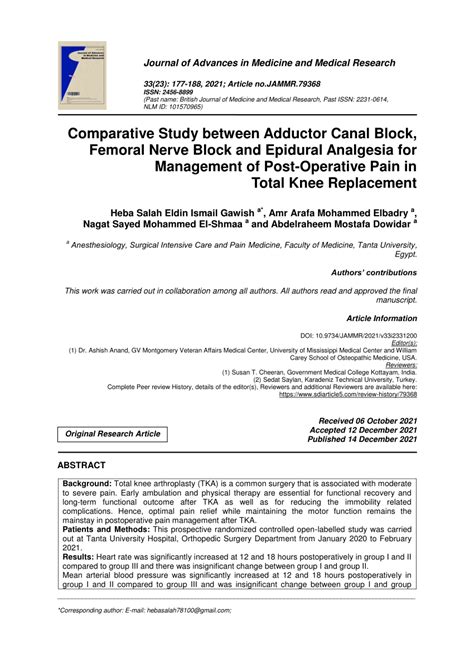PDF Comparative Study Between Adductor Canal Block Femoral Nerve Block And Epidural Analgesia