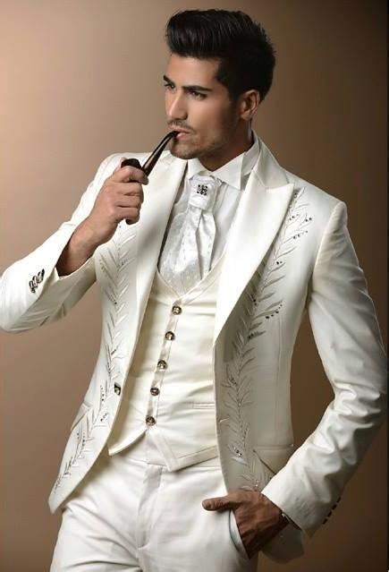 Latest Coat Pant Designs Ivory White Embroidery Beads Men Suit Slim Fit Skinny 3 Piece Italian