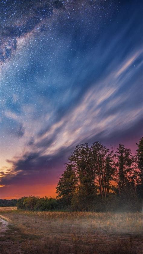 Milky Way Clouds Night Sky Landscape Tree Stars 720x1280