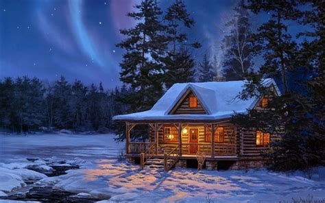 44 Log Cabin In Snow Wallpaper