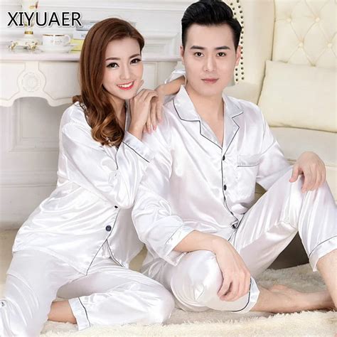Free Shipping Couple Pajamas Emulation Silk Women Pijama Full Sleeve Men Pyjama V Neck Solid