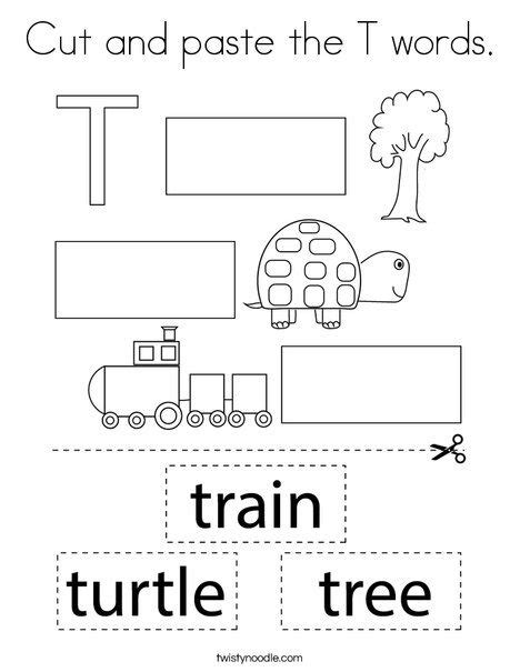 Cut And Paste The T Words Coloring Page Twisty Noodle Handwriting