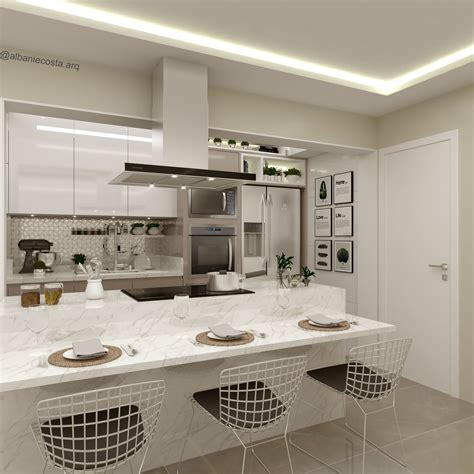 A Modern Kitchen With Marble Counter Tops And White Chairs In Front Of The Bar Area
