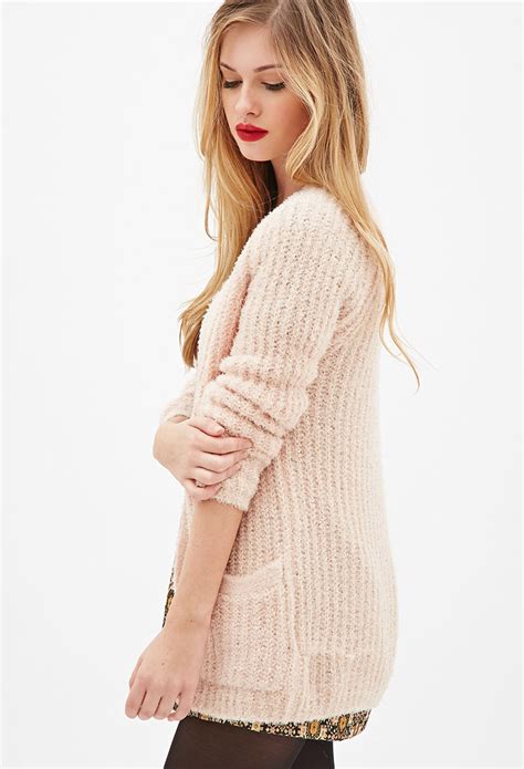 Forever 21 Slouchy Fuzzy Knit Cardigan In Pink Lyst