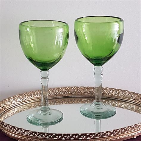 Set Of 2 Green Blown Glass Wine Glasses 12 Oz Green Glass Cup Clear Stem