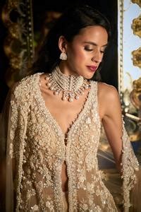 Buy Ivory Net Embroidered Pearl Deep V Neck And Sequin Jacket Sharara Set For Women By Seema