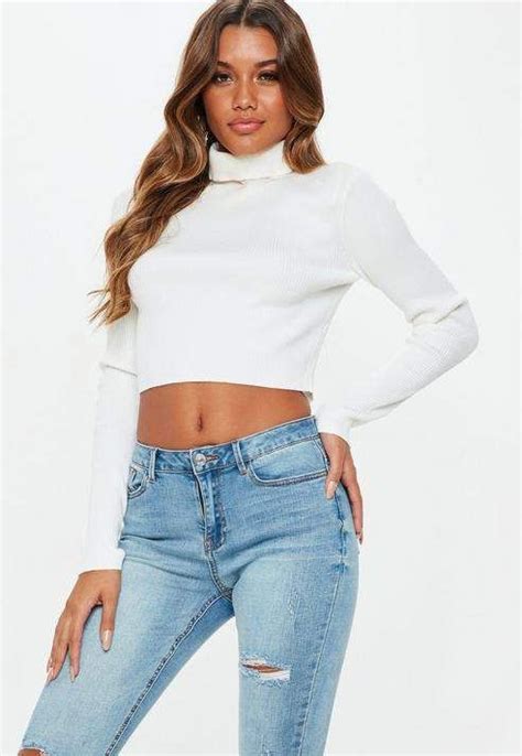 White Ribbed Roll Neck Knitted Crop Top Ivory Cropped Knit Sweater
