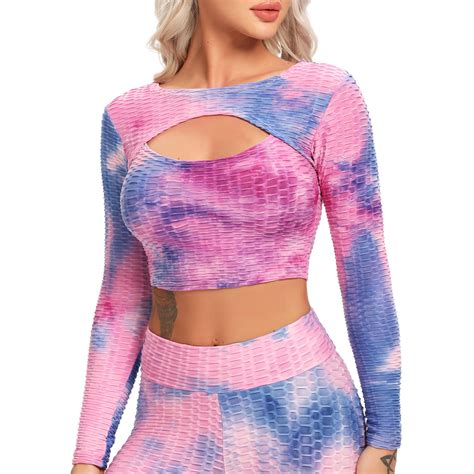 seasum women s long sleeve yoga crop top tie dyed open front back workout shirts compression gym