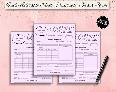 Editable Cold Cup Order Form Printable Cup Form Custom Tumbler Form