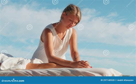 Closeup Caucasian Masseur Massaging Female Legs Outdoor Stock Footage