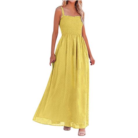 women s casual summer boho maxi dresses spaghetti straps square neck solid smocked flowy swing
