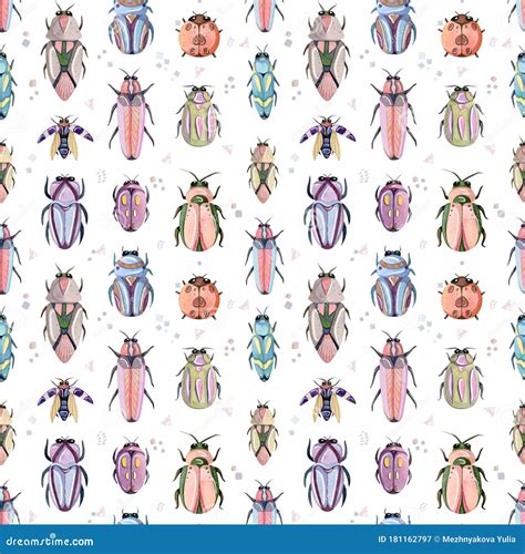 Watercolor Hand Painted Cartoon Bugs Beetles Insects Seamless Pattern