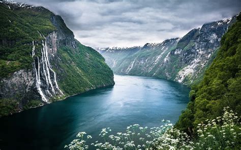 Nature Landscape Waterfall Water Hills Cliff Flowers Norway