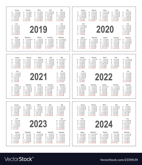 Calendar For 2019 2020 2021 2022 2023 2024 Vector Image