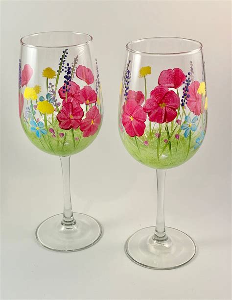 Hand Painted Wine Glasses With Flowers Floral Wine Glass Etsy