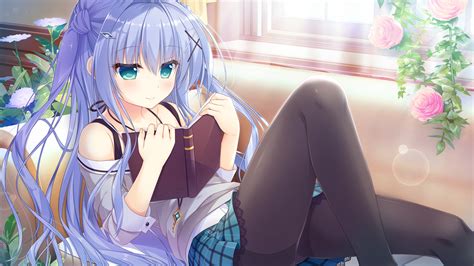Wallpaper Long Hair Anime Girls Blue Hair Stockings Skirt Aqua Eyes Game Cg Clothing